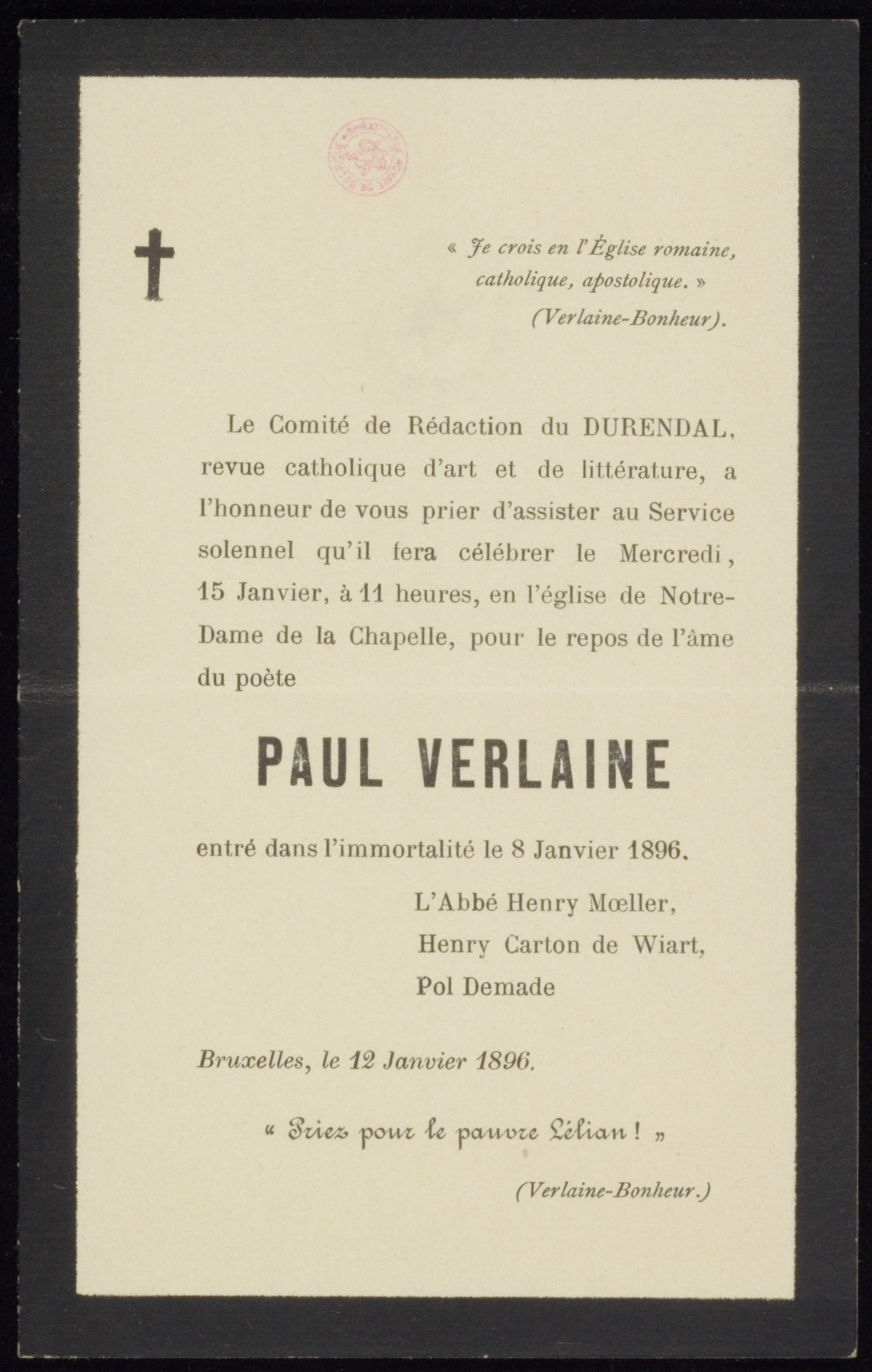 Carton D Invitation A La Messe Celebree Pour L Anniversaire De La Mort De Paul Verlaine