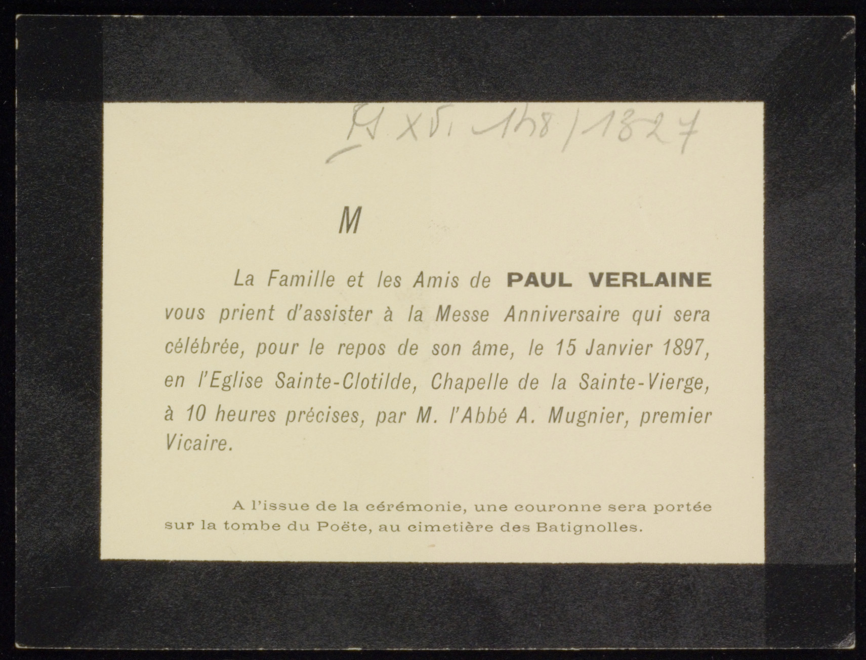 Carton D Invitation A La Messe Celebree Pour L Anniversaire De La Mort De Paul Verlaine